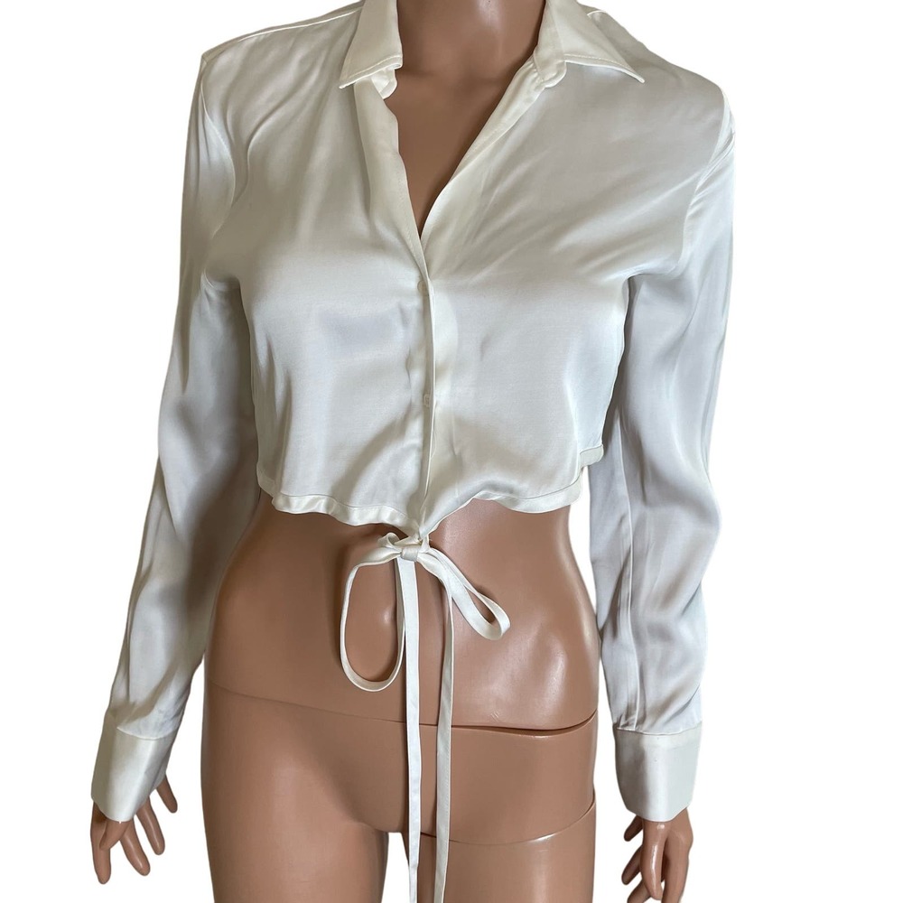 ZARA blouse button up cropped satin white tie waist long sleeve SZ M business